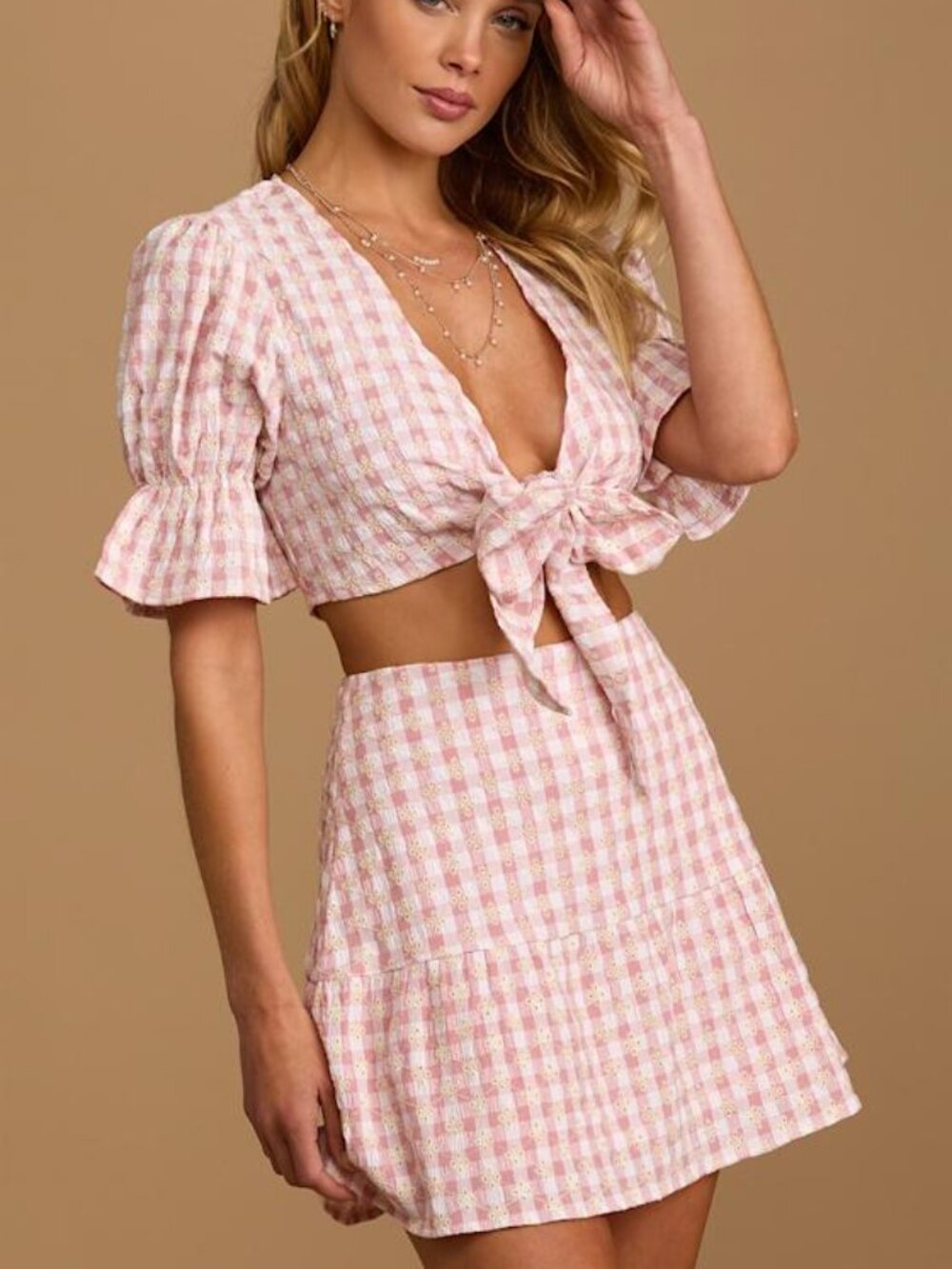 Lulus Patio Cutie Light Pink Gingham Embroidered Mini Skirt - Size XS